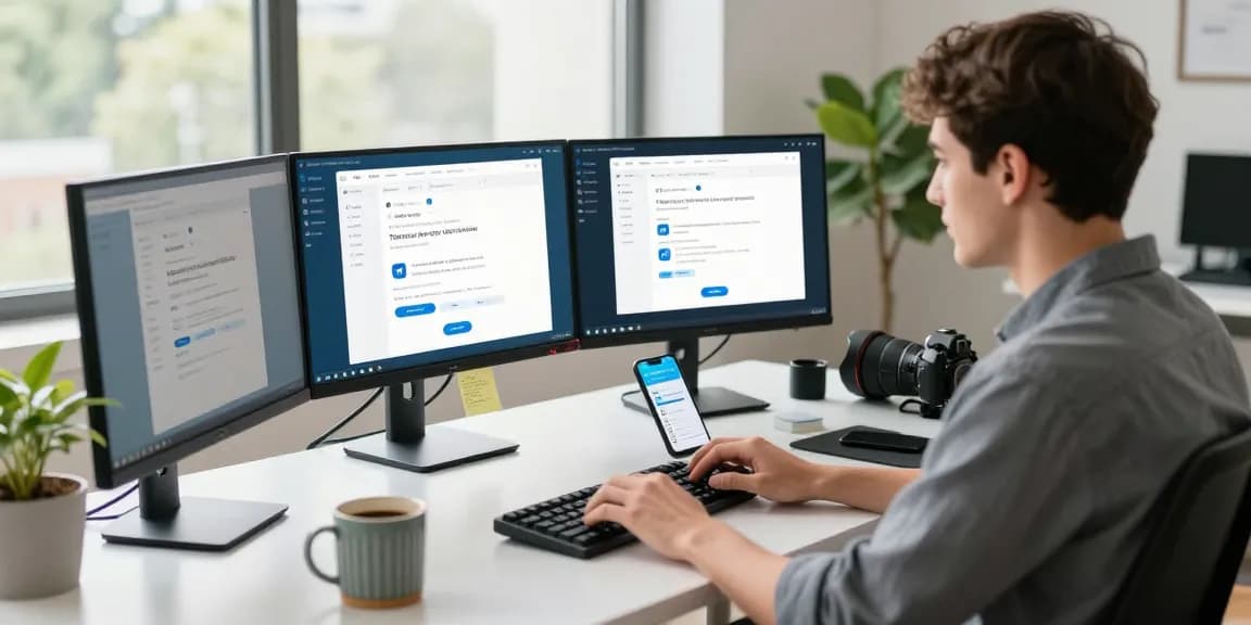 Engaged user navigating the Telegram Web Version on multiple screens in a modern workspace.