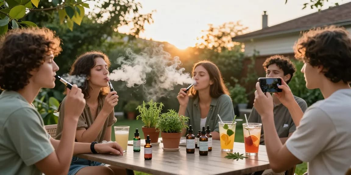 Weed vape experience with friends in a natural wellness setting, highlighting organic CBD products and relaxation.