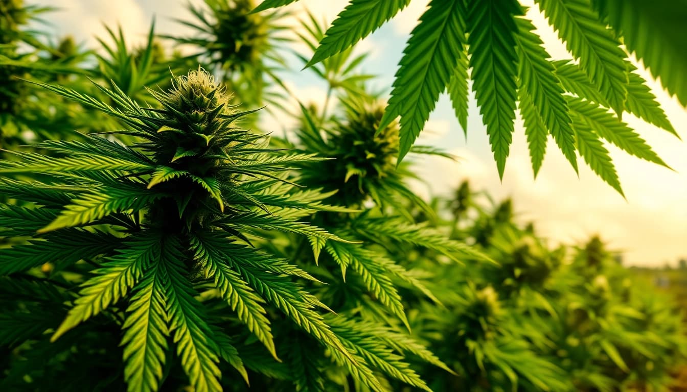 Showcasing weed for sale UK with a vibrant cannabis garden highlighting various strains.