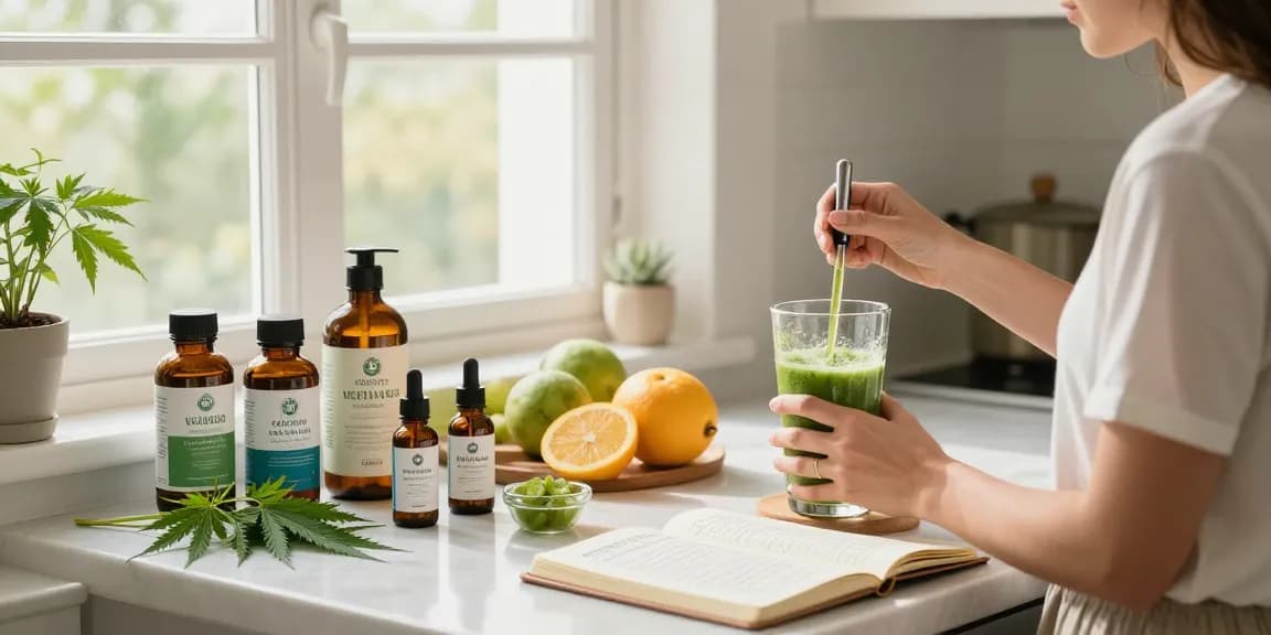 Ministry of Cannbis showcasing CBD oil in a vibrant kitchen wellness scene with fresh ingredients and calm atmosphere.
