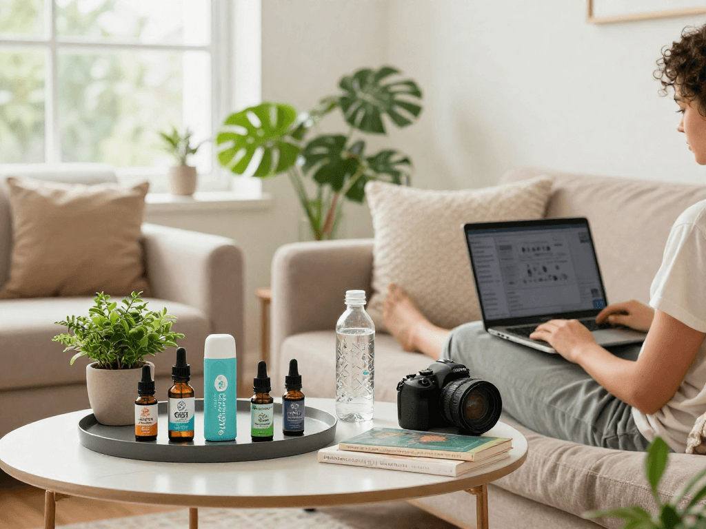 The 10/10 boys vape products arranged in a relaxing living room setting, showcasing organic CBD oils and natural wellness items.