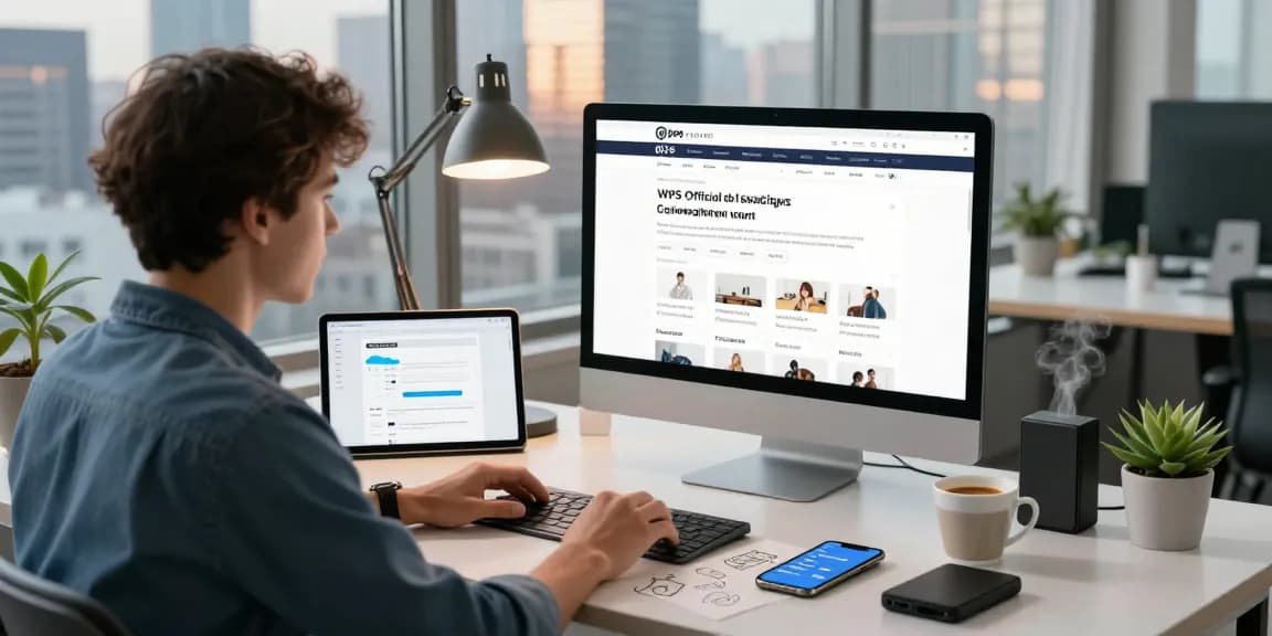 A focused professional exploring the WPS Official Website at a modern workspace, showcasing technology and productivity tools.