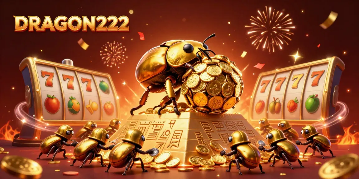 Experience DRAGON222 action with a golden dung beetle and slot reels amidst vibrant casino symbols.
