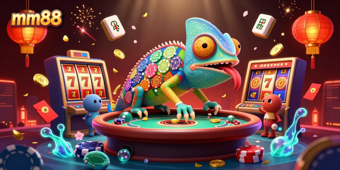 Experience mm88's vibrant casino excitement with a chameleon owner capturing golden coins.