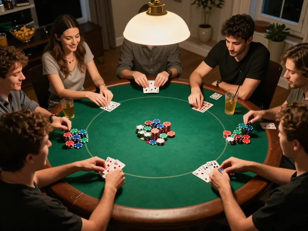 Friends engaging in a thrilling poker game at home, creating memorable gaming moments with bj886.