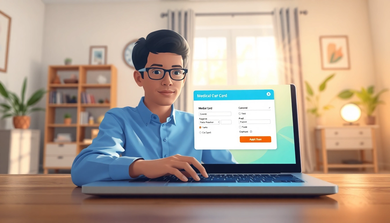 Apply for a Medical card online using a laptop in a cozy home office environment.