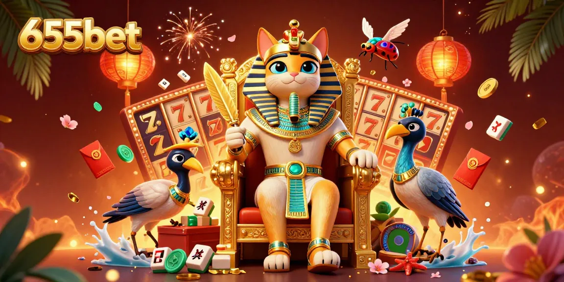 Win big with 655bet's vibrant slot games and unique casino atmosphere illustrated in a dynamic scene