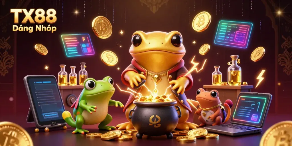Experience TX88 Đăng Nhập in a vibrant 3D scene filled with gold coins and mystical characters.