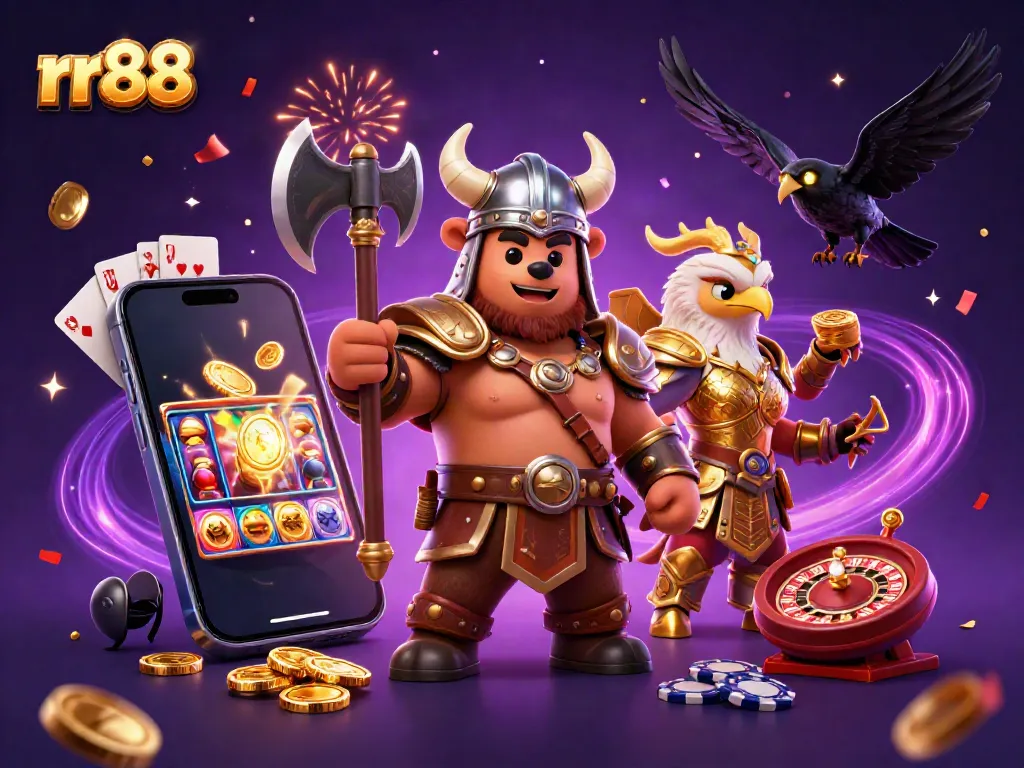 Experience thrills with rr88's dynamic Viking bear and Valkyrie eagle in action, celebrating casino games.