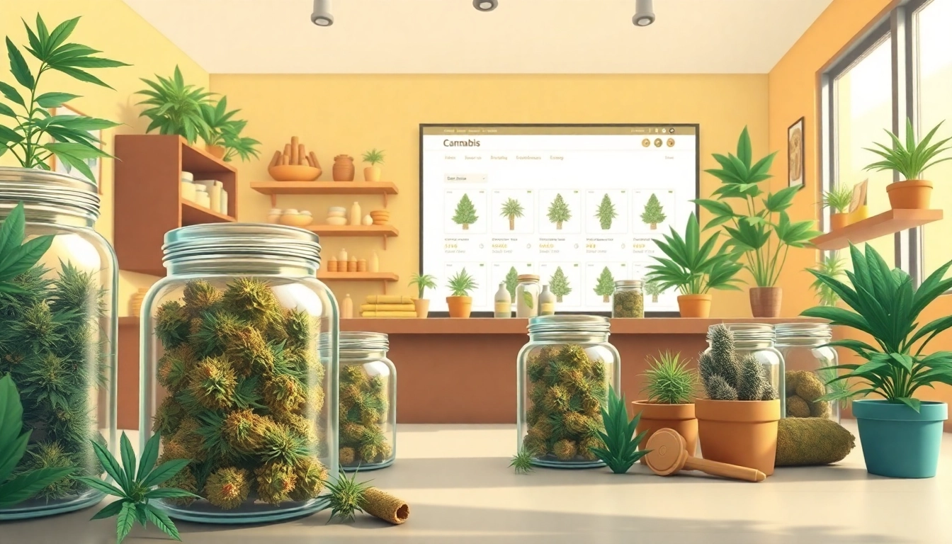 Engaging online weed marketplace showcasing diverse cannabis products in a vibrant setting.