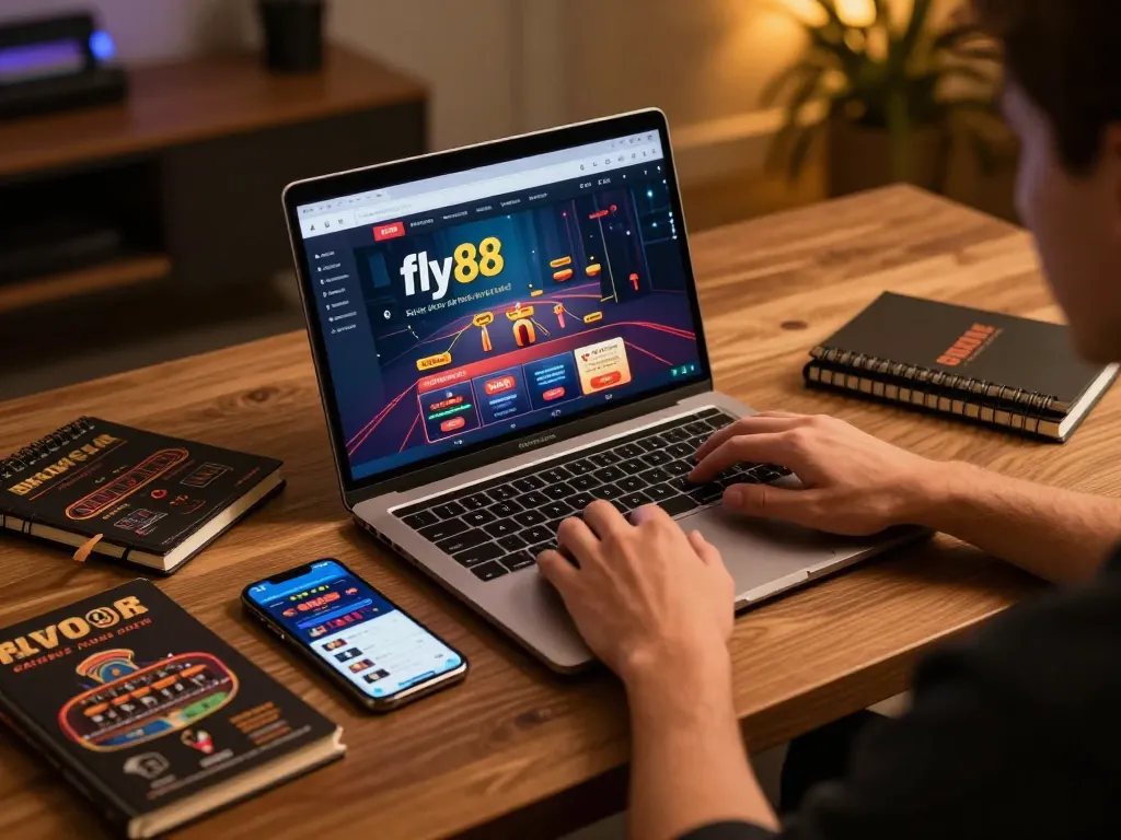 Player strategizing on fly88 with laptop and smartphone at a cozy home setup.