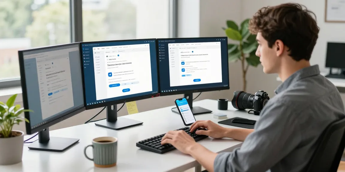 Engaged user navigating the Telegram Web Version on multiple screens in a modern workspace.