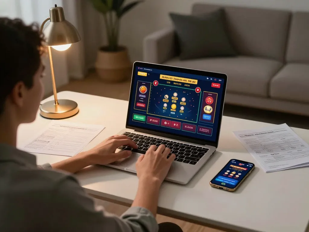 Login to đăng nhập fly88 from a stylish home office, engaging in online casino gameplay with focused strategy planning.
