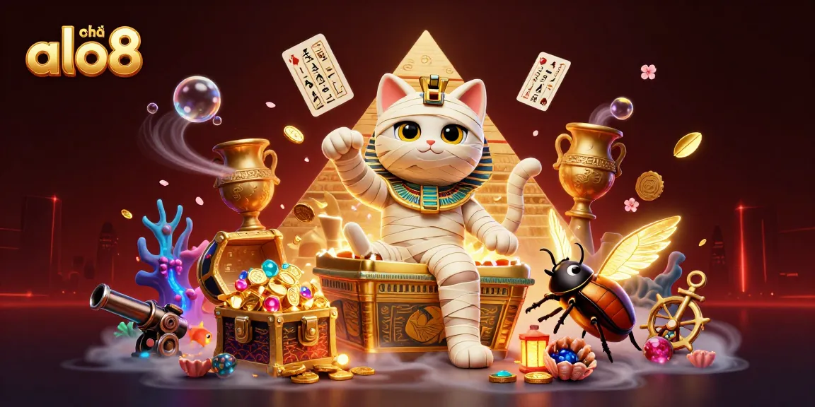 Engage with nhà cái alo8 featuring an Egyptian mummy cat, glowing scarab, and dynamic game elements.