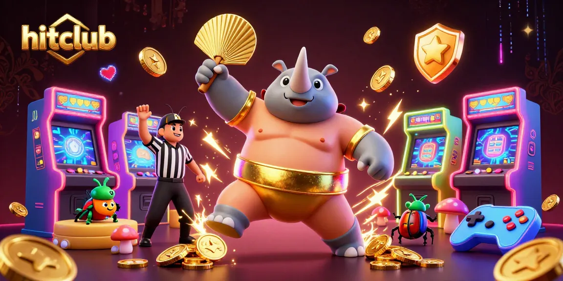 hitclub showcases a dynamic gambling scene with a rhinoceros beetle champion and glowing casino elements.