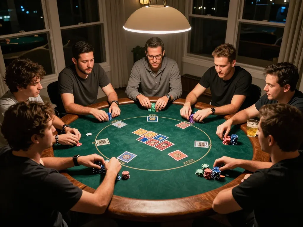 Friends engage in poker gameplay at home, exploring the hidden wiki for betting strategies.