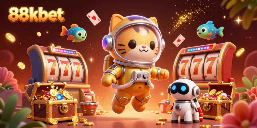 Experience thrilling gaming action at 88kbet with a golden astronaut cat and dynamic casino elements.