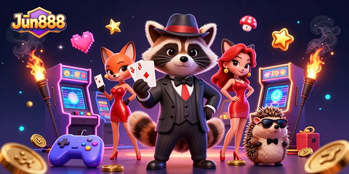 Join the fun at Jun888 while raccoon gentleman flaunts a royal flush in a lively casino scene.