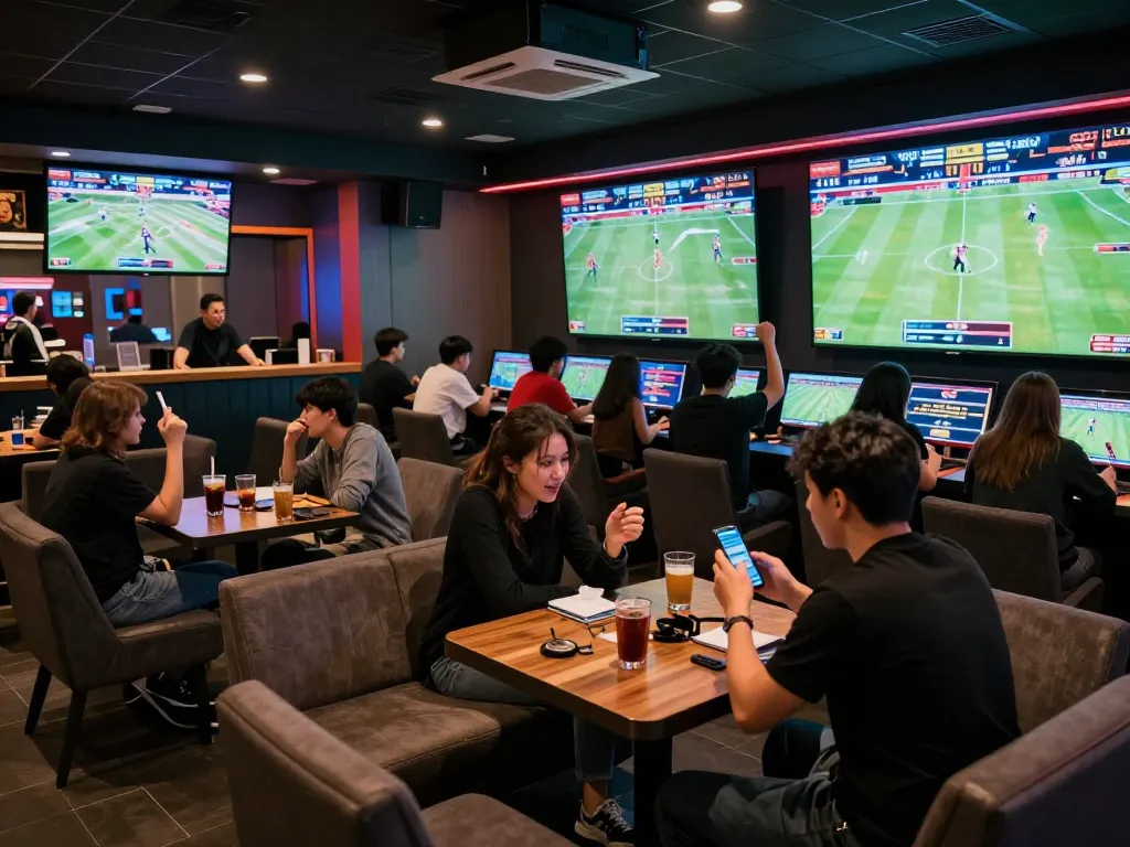 Engaged bettors analyzing kèo nhà cái during dynamic live sports event in a modern lounge setting