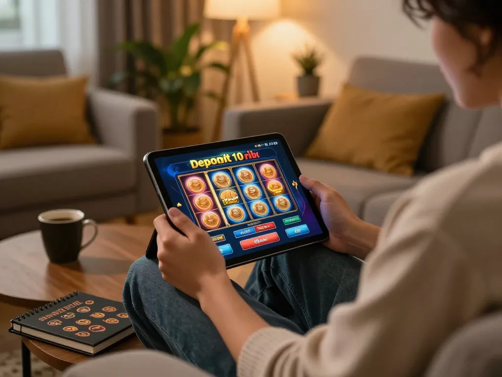 Enjoying slot deposit 10 ribu while gaming from home, relaxing on the sofa with a tablet.
