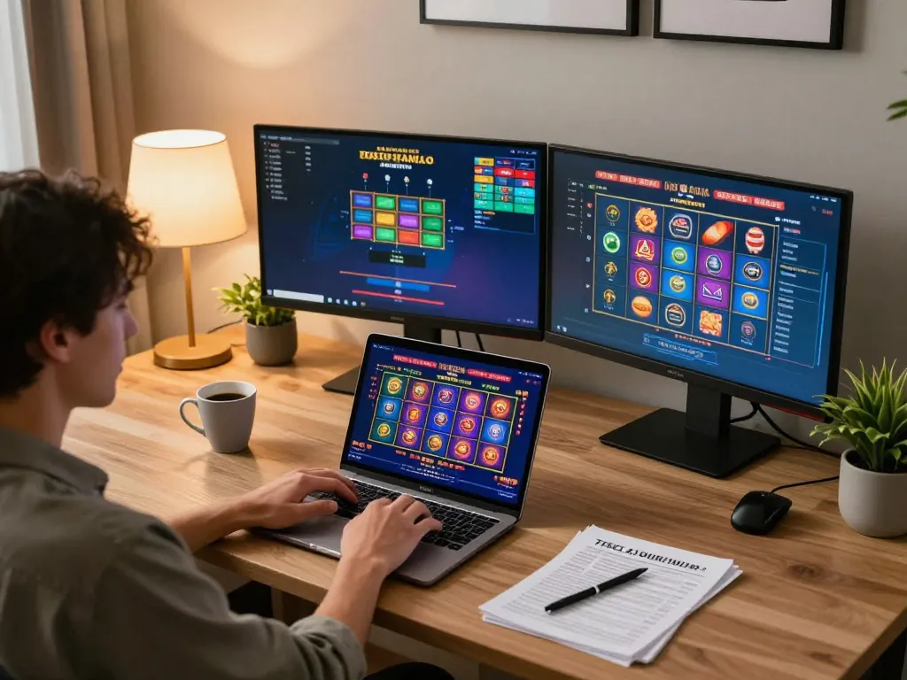 XX88 player engaging with immersive online slots from their home office, showcasing modern gaming experience.