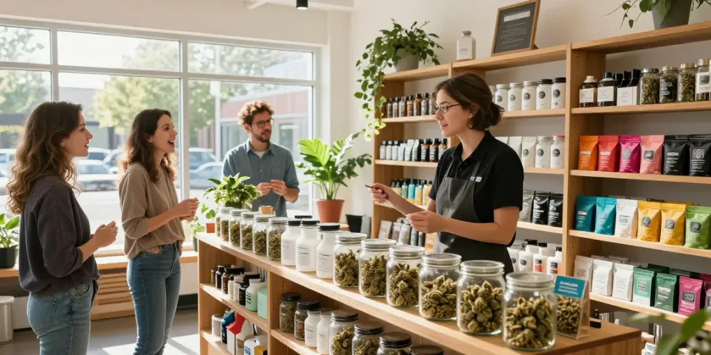Top 10 shatter strains in Canada showcased in a lively cannabis storefront.