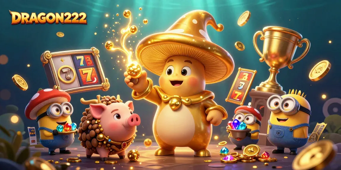 Experience the thrilling slot magic of DRAGON222 with golden mushrooms and sparkling treasures.