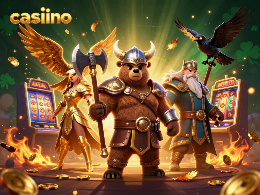 Engage in thrilling casino gameplay with a Viking bear and Valkyrie eagle amid golden coins and slot machines.