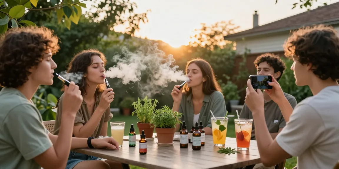 Weed vape experience with friends in a natural wellness setting, highlighting organic CBD products and relaxation.