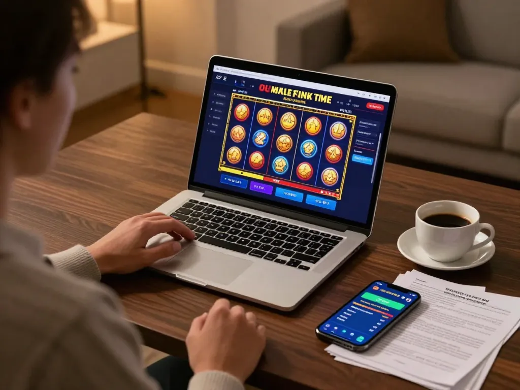 Engaged player spins a Slot Online game on their laptop while enjoying a coffee and strategizing.