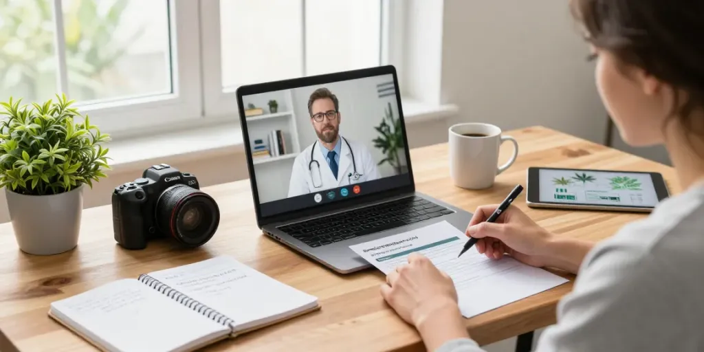 Young adult applying for a medical card online seated at a stylish desk with laptop and resources.
