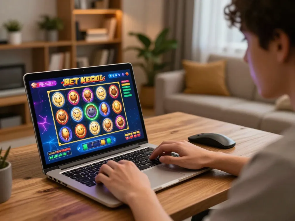 Engaging online gaming scene showcasing slot bet kecil on laptop with strategic player preparations