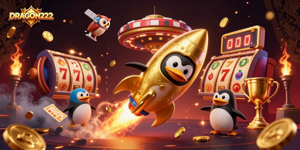 Experience thrilling gameplay with DRAGON222's golden penguin soaring through a vibrant casino universe.