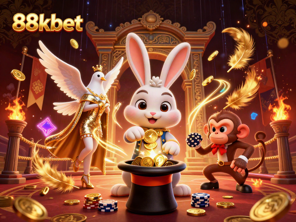 88kbet showcases a magician rabbit and a glamorous dove in an immersive casino scene.