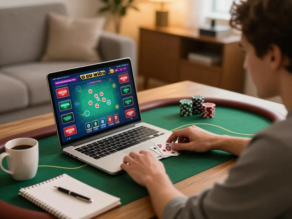 Player enjoying online poker gameplay at https://rikvip75.com/ with live dealer interface and strategy notes beside them.