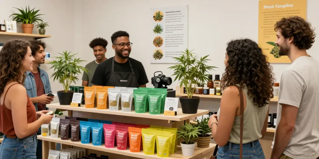 Cheebas hash displayed in a modern cannabis dispensary with customers engaging.