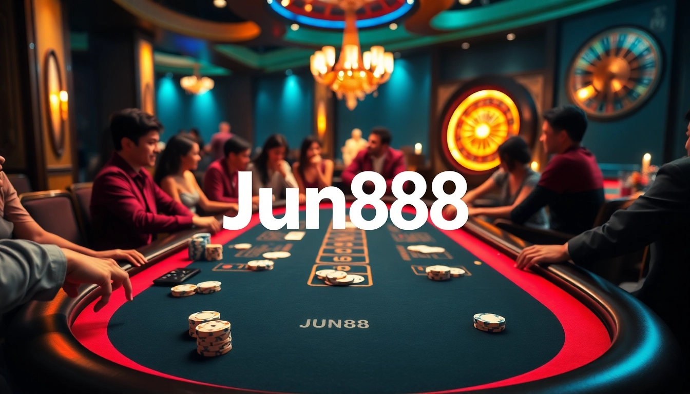Jun88 casino players celebrating their wins at a blackjack table with vibrant poker chips.