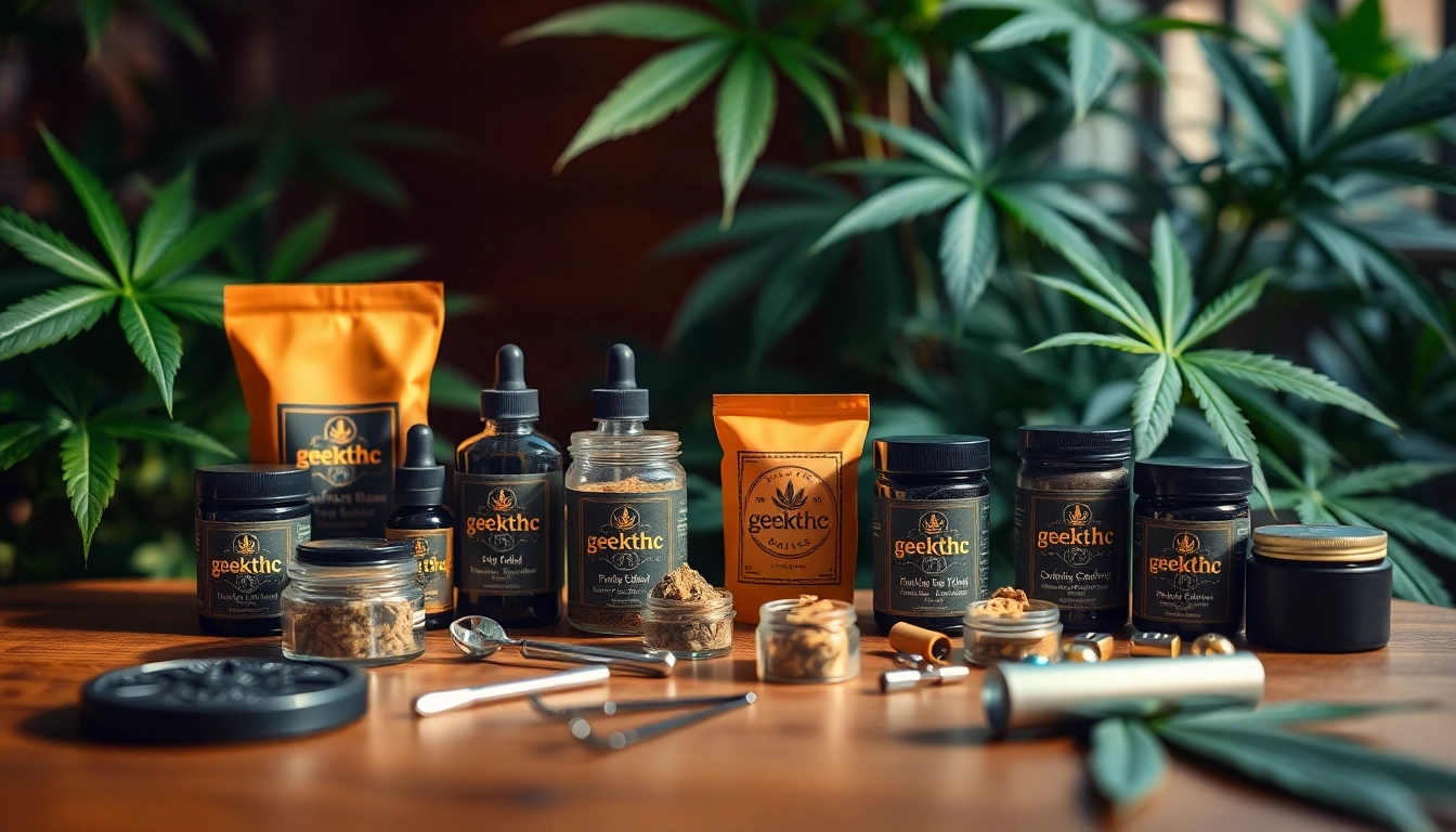 Cannabis product showcase highlighting geekthc items with vibrant colors and natural elements.