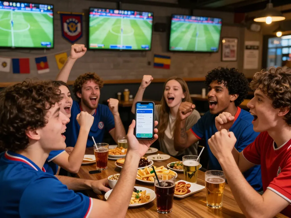 Fans engaging with the nowgoals app while watching football live, exuding excitement in a vibrant sports bar.