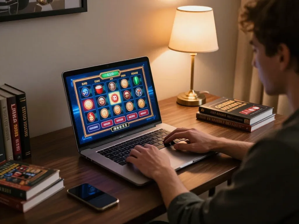 Engaged player at nhà cái 789bet using laptop for online casino gaming, showcasing an immersive experience