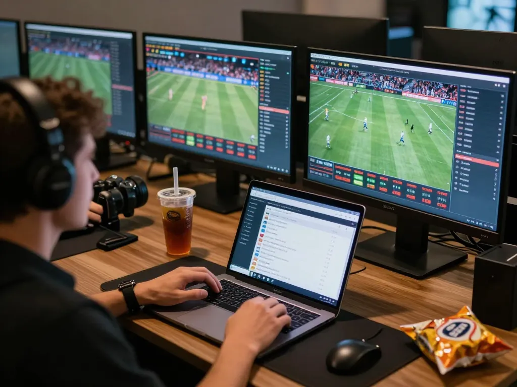 Pengguna yang terlibat memasang taruhan pada acara olahraga toto dari pengaturan desktop modern.