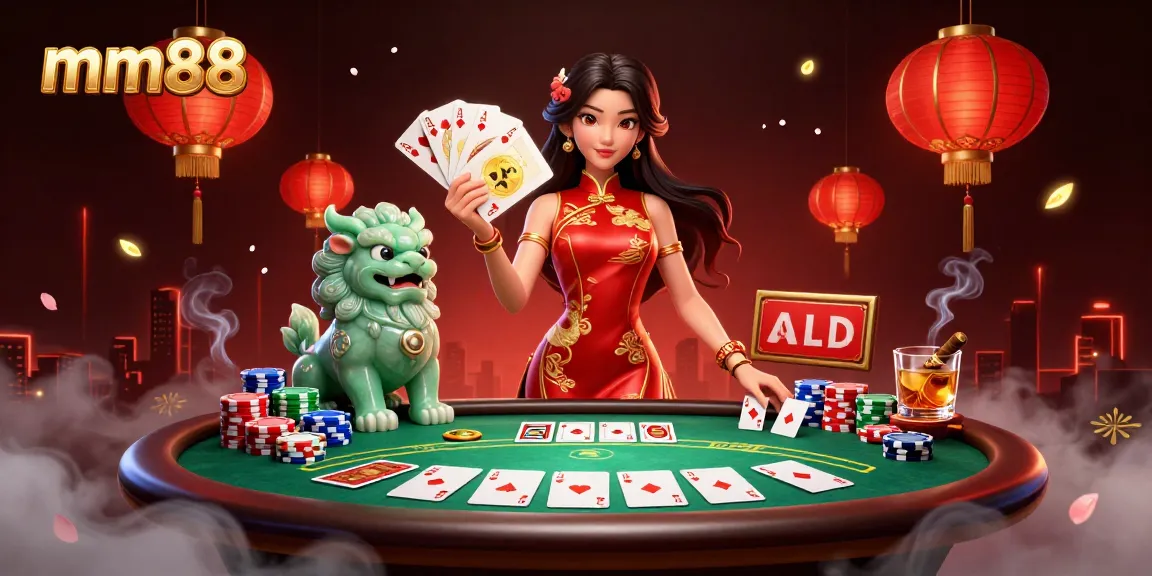 Engage in thrilling gameplay at mm88 with an elegant woman and jade lion surrounded by vibrant casino elements.
