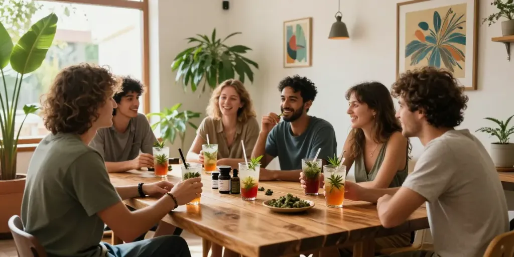 Cannabis clubs near community gathering with CBD products, promoting social wellness.