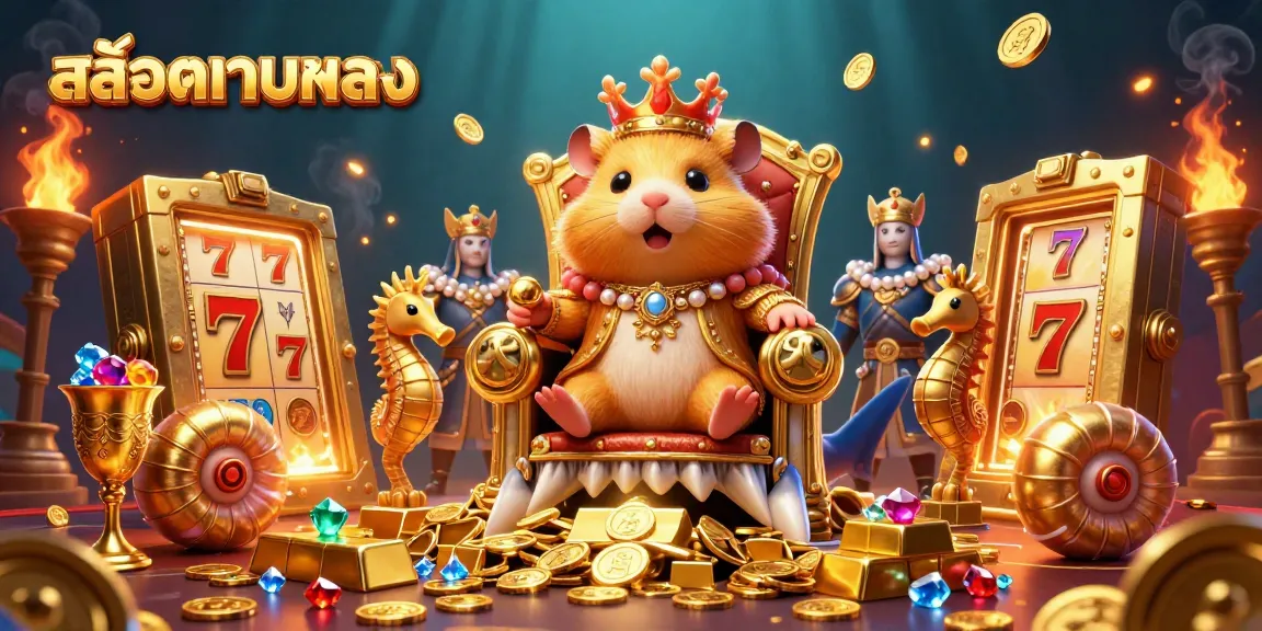 Play สล็อตเว็บตรง with a fierce golden hamster king amidst dazzling treasures and slot reels in a vibrant 3D scene.