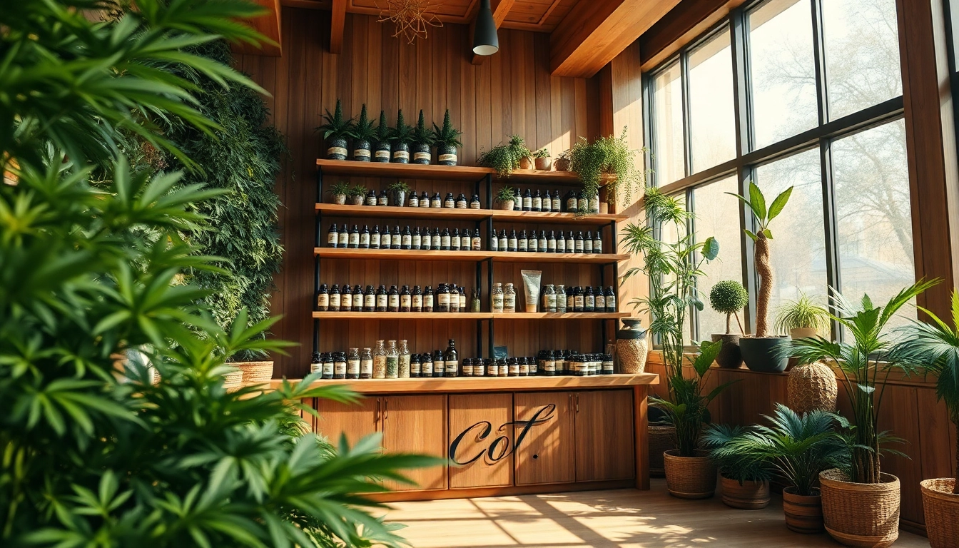 Showcase of an online pot shop with cannabis products and greenery in a warm setting.