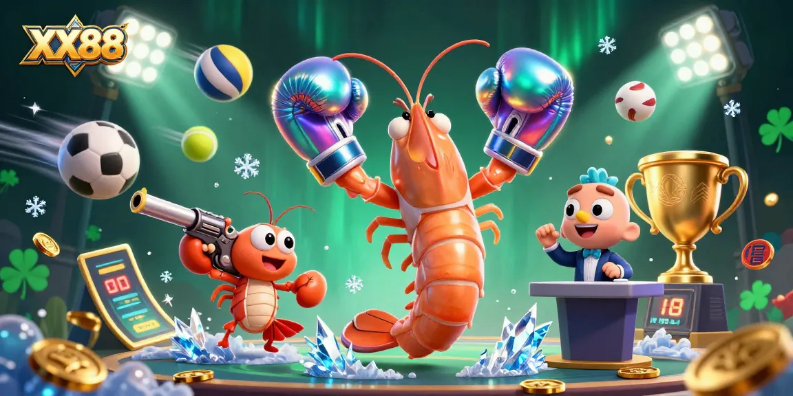 Experience thrilling gaming action with XX88's vibrant casino scene featuring energetic shrimp characters.