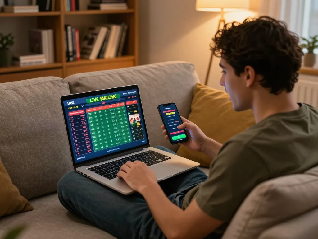 Excited sports betting action at home on betbet with laptop displaying live odds and smartphone.
