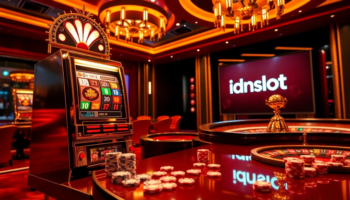 Spin the idnslot machine with vibrant casino elements in a lively gambling atmosphere.