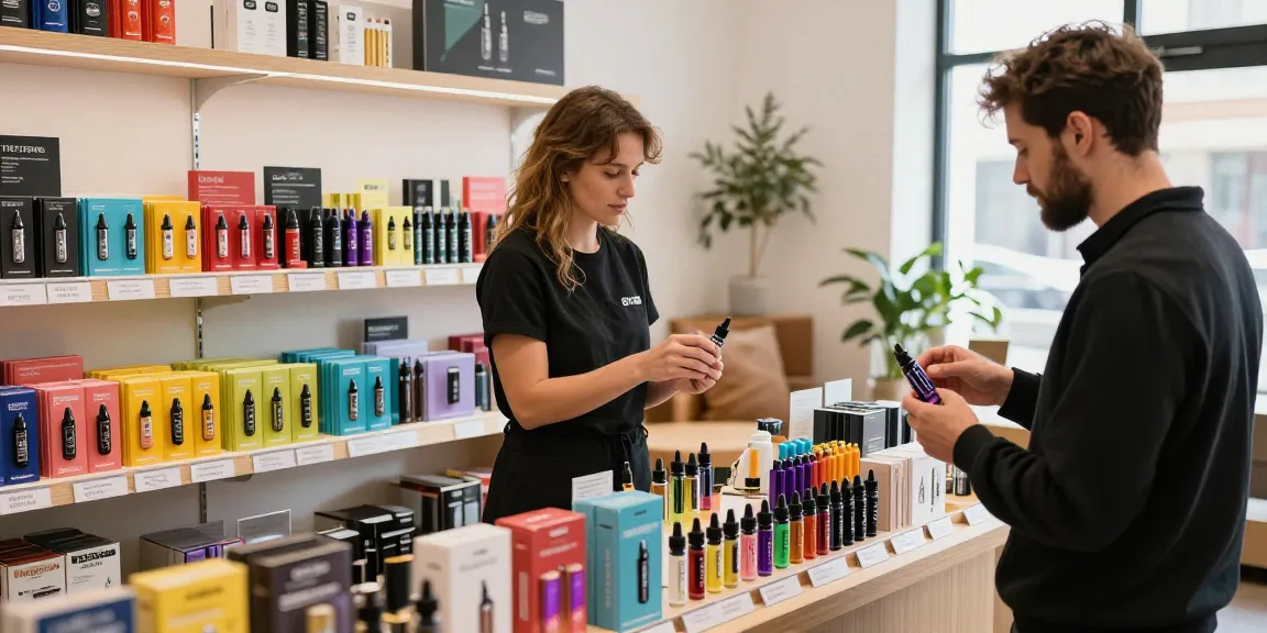 THC Vape Cartridges for sale Europe in a modern retail setting with diverse options and customer engagement.
