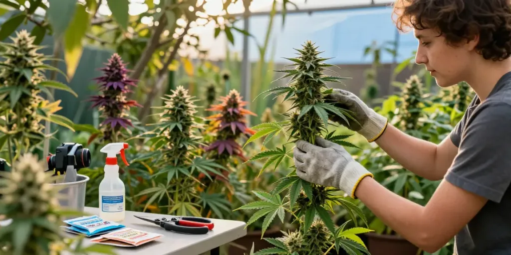 Gardener tending to vibrant autoflower seeds in an outdoor garden.